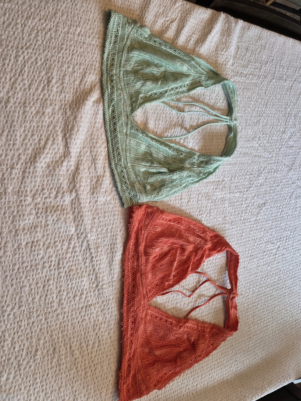 Urban Outfitters Lace Bralette Pair in Mint Green and Coral L